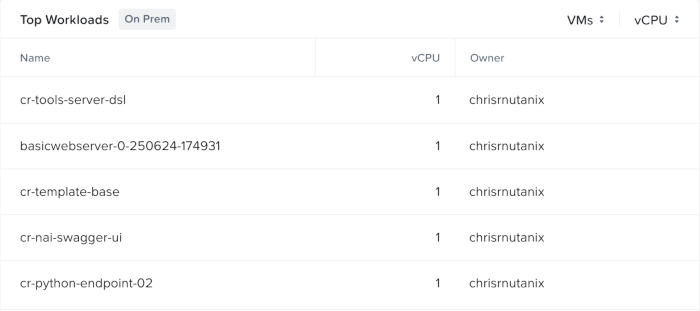 NCM Self-Service Top Workloads view